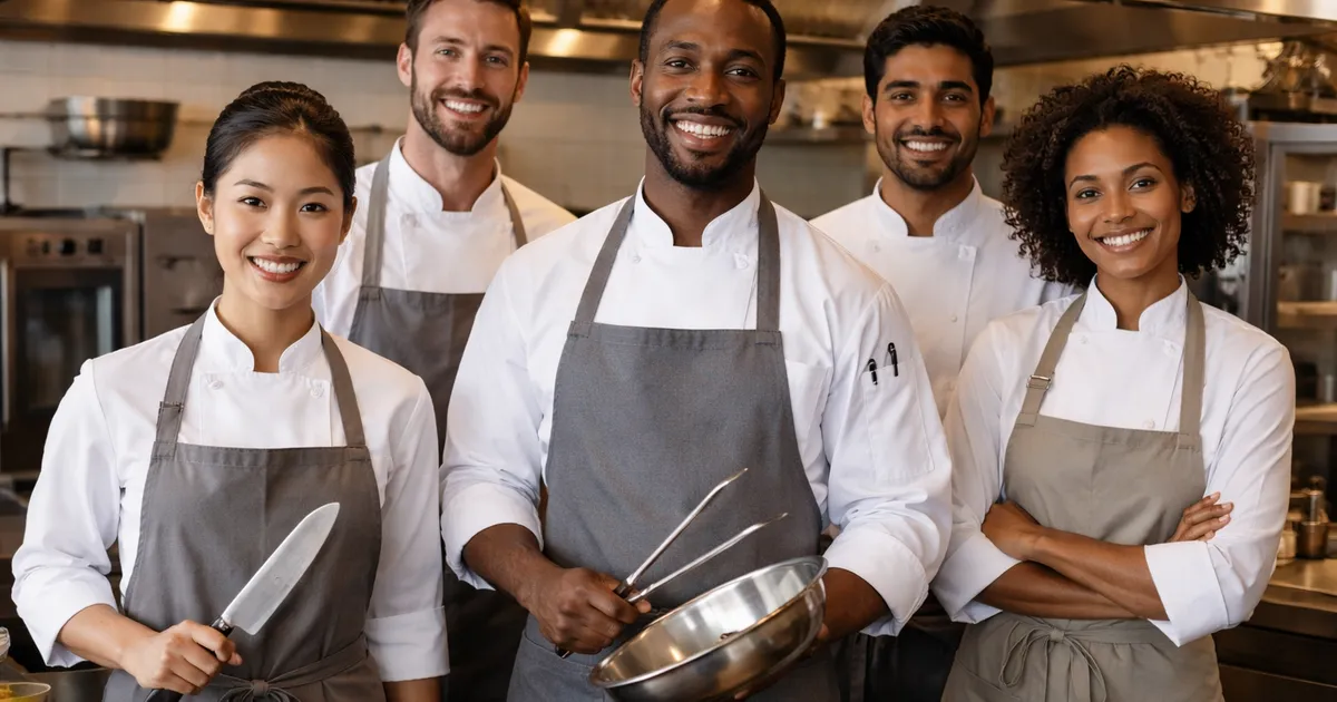 The Storm Cafe kitchen team in uniform smiling together in their Vancouver commercial kitchen