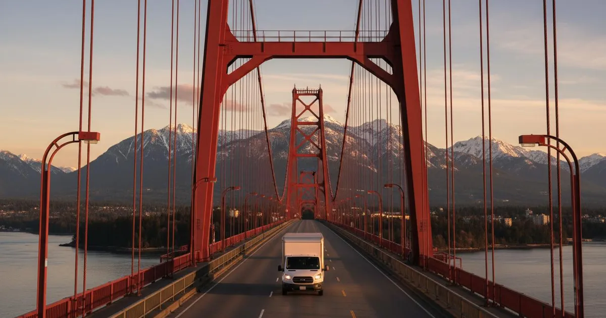 Meal delivery van crossing Lions Gate Bridge heading to North Vancouver with fresh Asian food
