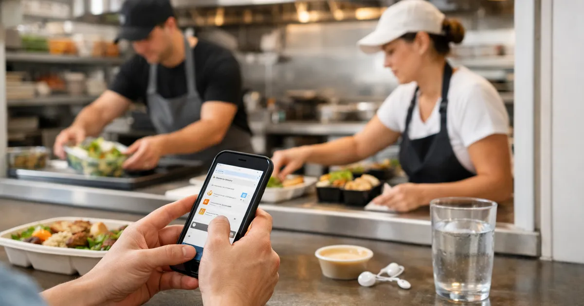 Customer service representative handling same-day meal order changes on phone and computer
