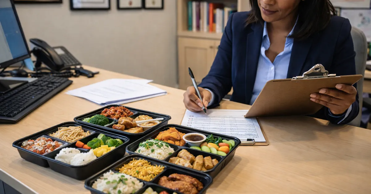 School administrator reviewing catering proposals and food safety documents at a desk