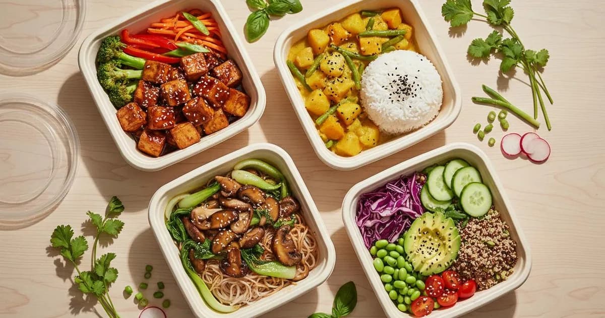 Plant-based Asian meal options including tofu, vegetable stir-fry, and vegan rice bowls